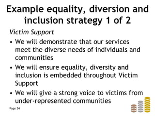 Example equality, diversion and
inclusion strategy 1 of 2
Victim Support
• We will demonstrate that our services
meet the diverse needs of individuals and
communities
• We will ensure equality, diversity and
inclusion is embedded throughout Victim
Support
• We will give a strong voice to victims from
under-represented communities
Page 34
 