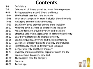 Contents
5-6 Definitions
7-8 Continuum of diversity and inclusion from employers
9-11 Rating questions around diversity climate
12-14 The business case for trans inclusion
15-16 What an action plan for trans inclusion should include
17-18 Messaging and the trans community
19-20 Example of good practice around trans inclusion
21-22 Knocking down barriers to diversity and inclusion
23-27 Areas to focus on around diversity and inclusion
28-30 Effective leadership approaches in harnessing diversity
31-32 Board level strategies to improve diversity
33-35 Example equality, diversity and inclusion strategy
36-37 Career self-efficacy linked to diversity and inclusion
38-39 Intentionality linked to diversity and inclusion
40-41 Gender diversity and the IT industry
42-43 Diversity and environmental organisations in the US
44 Example from Brooklyn, New York
45-46 The business case for diversity
47-48 Exercise
49-50 To sum up…
 