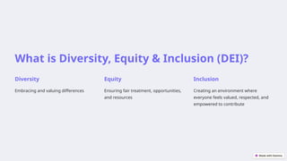 What is Diversity, Equity & Inclusion (DEI)?
Diversity
Embracing and valuing differences
Equity
Ensuring fair treatment, opportunities,
and resources
Inclusion
Creating an environment where
everyone feels valued, respected, and
empowered to contribute
 