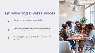 Empowering Diverse Voices
Support employee resource groups (ERGs)
Encourage employee representation in leadership roles
Provide opportunities for professional development and
growth
 