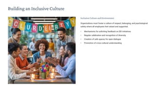 Building an Inclusive Culture
Inclusive Culture and Environment
Organizations must foster a culture of respect, belonging, and psychological
safety where all employees feel valued and supported.
• Mechanisms for soliciting feedback on DEI initiatives
• Regular celebration and recognition of diversity
• Creation of safe spaces for open dialogue
• Promotion of cross-cultural understanding
 
