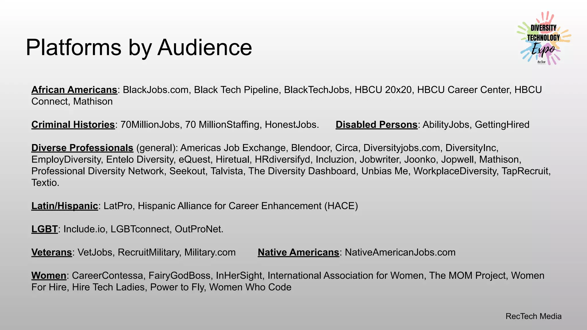 RecTech Media
Platforms by Audience
African Americans: BlackJobs.com, Black Tech Pipeline, BlackTechJobs, HBCU 20x20, HBCU Career Center, HBCU
Connect, Mathison
Criminal Histories: 70MillionJobs, 70 MillionStaffing, HonestJobs. Disabled Persons: AbilityJobs, GettingHired
Diverse Professionals (general): Americas Job Exchange, Blendoor, Circa, Diversityjobs.com, DiversityInc,
EmployDiversity, Entelo Diversity, eQuest, Hiretual, HRdiversifyd, Incluzion, Jobwriter, Joonko, Jopwell, Mathison,
Professional Diversity Network, Seekout, Talvista, The Diversity Dashboard, Unbias Me, WorkplaceDiversity, TapRecruit,
Textio.
Latin/Hispanic: LatPro, Hispanic Alliance for Career Enhancement (HACE)
LGBT: Include.io, LGBTconnect, OutProNet.
Veterans: VetJobs, RecruitMilitary, Military.com Native Americans: NativeAmericanJobs.com
Women: CareerContessa, FairyGodBoss, InHerSight, International Association for Women, The MOM Project, Women
For Hire, Hire Tech Ladies, Power to Fly, Women Who Code
 