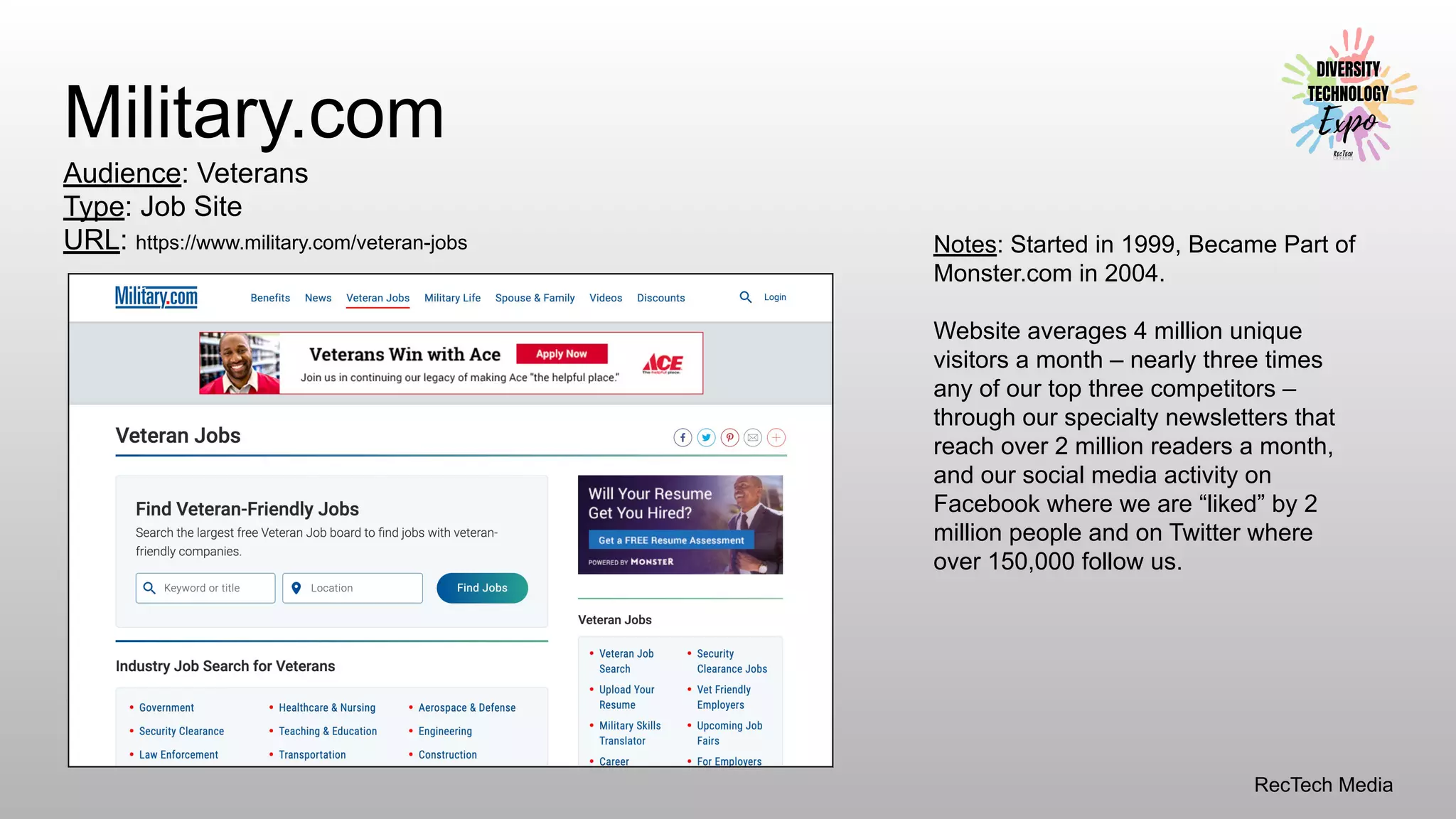 RecTech Media
Military.com
Audience: Veterans
Type: Job Site
URL: https://www.military.com/veteran-jobs Notes: Started in 1999, Became Part of
Monster.com in 2004.
Website averages 4 million unique
visitors a month – nearly three times
any of our top three competitors –
through our specialty newsletters that
reach over 2 million readers a month,
and our social media activity on
Facebook where we are “liked” by 2
million people and on Twitter where
over 150,000 follow us.
 