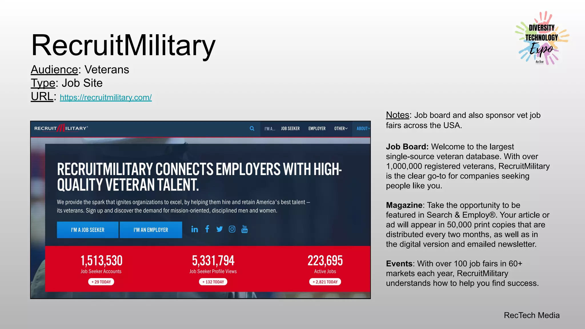 RecTech Media
RecruitMilitary
Audience: Veterans
Type: Job Site
URL: https://recruitmilitary.com/
Notes: Job board and also sponsor vet job
fairs across the USA.
Job Board: Welcome to the largest
single-source veteran database. With over
1,000,000 registered veterans, RecruitMilitary
is the clear go-to for companies seeking
people like you.
Magazine: Take the opportunity to be
featured in Search & Employ®. Your article or
ad will appear in 50,000 print copies that are
distributed every two months, as well as in
the digital version and emailed newsletter.
Events: With over 100 job fairs in 60+
markets each year, RecruitMilitary
understands how to help you find success.
 
