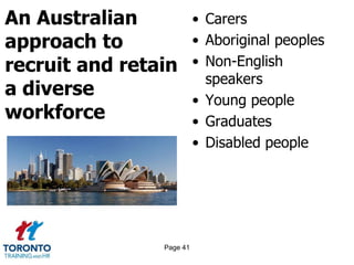 An Australian
approach to
recruit and retain
a diverse
workforce
• Carers
• Aboriginal peoples
• Non-English
speakers
• Young people
• Graduates
• Disabled people
Page 41
 