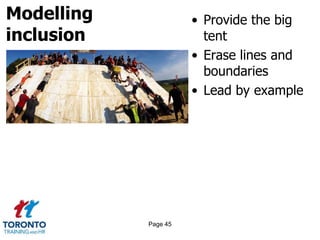 Modelling
inclusion
• Provide the big
tent
• Erase lines and
boundaries
• Lead by example
Page 45
 
