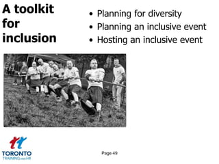 A toolkit
for
inclusion
• Planning for diversity
• Planning an inclusive event
• Hosting an inclusive event
Page 49
 