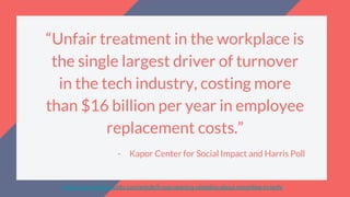 “Unfair treatment in the workplace is
the single largest driver of turnover
in the tech industry, costing more
than $16 billion per year in employee
replacement costs.”
- Kapor Center for Social Impact and Harris Poll
https://www.techrepublic.com/article/5-eye-opening-statistics-about-minorities-in-tech/
 