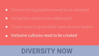 DIVERSITY NOW
Diverse hiring pipelines need to be adopted
Hiring bias needs to be addressed
Teams need to grow their next diverse leaders
Inclusive cultures need to be created
 