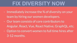 - Immediately increase the % of diversity on your
team by hiring our women developers.
- Our team consists of core contributors to
Angular, React, Vue, React Native, GraphQL, etc.
- Option to convert women to full time hires after
3-12 months.
FIX DIVERSITY NOW
 