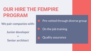 OUR HIRE THE FEMPIRE
PROGRAM
Pre-vetted through diverse group
On the job training
Quality assurance
We pair companies with:
Junior developer
+
Senior architect
 