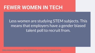 FEWER WOMEN IN TECH
Less women are studying STEM subjects. This
means that employers have a gender biased
talent poll to recruit from.
https://www.nextgeneration.ie/blog/2018/08/why-arent-there-more-women-in-tech
 
