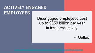 https://www.fastcompany.com/3004595/secrets-americas-happiest-companies
ACTIVELY ENGAGED
EMPLOYEES
Disengaged employees cost
up to $350 billion per year
in lost productivity.
- Gallup
 