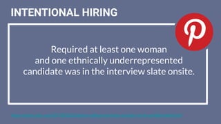 Required at least one woman
and one ethnically underrepresented
candidate was in the interview slate onsite.
INTENTIONAL HIRING
https://www.cnbc.com/2018/06/20/silicon-valleys-diversity-problem-is-its-achilles-heel.html
 