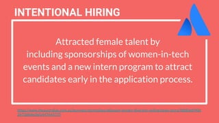 Attracted female talent by
including sponsorships of women-in-tech
events and a new intern program to attract
candidates early in the application process.
INTENTIONAL HIRING
https://www.theaustralian.com.au/business/technology/atlassian-breaks-diversity-ceiling/news-story/9dfd0ed948c
2673d6decbd1447643775
 
