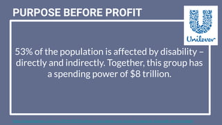 53% of the population is affected by disability –
directly and indirectly. Together, this group has
a spending power of $8 trillion.
PURPOSE BEFORE PROFIT
https://www.thedrum.com/news/2019/03/20/unilevers-paul-polman-says-inclusive-companies-ﬁnancially-perform-better
 