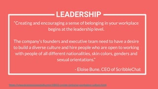 https://www.businessnewsdaily.com/10055-create-inclusive-workplace-culture.html
LEADERSHIP
“Creating and encouraging a sense of belonging in your workplace
begins at the leadership level.
The company's founders and executive team need to have a desire
to build a diverse culture and hire people who are open to working
with people of all different nationalities, skin colors, genders and
sexual orientations.”
- Eloise Bune, CEO of ScribbleChat
 