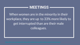 When women are in the minority in their
workplace, they are up to 33% more likely to
get interrupted than are their male
colleagues.
MEETINGS
https://blog.hrps.org/blogpost/5-Ways-HR-Leaders-Can-Create-a-More-Inclusive-Environment
 
