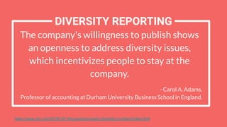 The company's willingness to publish shows
an openness to address diversity issues,
which incentivizes people to stay at the
company.
- Carol A. Adams,
Professor of accounting at Durham University Business School in England.
DIVERSITY REPORTING
https://www.cnn.com/2018/12/14/success/company-diversity-numbers/index.html
 