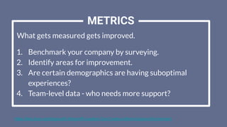 What gets measured gets improved.
1. Benchmark your company by surveying.
2. Identify areas for improvement.
3. Are certain demographics are having suboptimal
experiences?
4. Team-level data - who needs more support?
METRICS
https://blog.hrps.org/blogpost/5-Ways-HR-Leaders-Can-Create-a-More-Inclusive-Environment
 