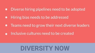 DIVERSITY NOW
Diverse hiring pipelines need to be adopted
Hiring bias needs to be addressed
Teams need to grow their next diverse leaders
Inclusive cultures need to be created
 