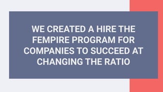 WE CREATED A HIRE THE
FEMPIRE PROGRAM FOR
COMPANIES TO SUCCEED AT
CHANGING THE RATIO
 