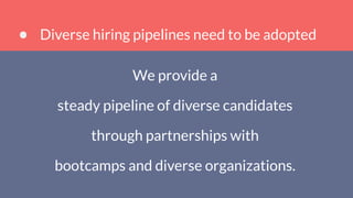 Diverse hiring pipelines need to be adopted
We provide a
steady pipeline of diverse candidates
through partnerships with
bootcamps and diverse organizations.
 