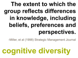 cognitive diversity
The extent to which the
group reflects differences
in knowledge, including
beliefs, preferences and
perspectives.
-Miller, et al (1998) Strategic Management Journal
 