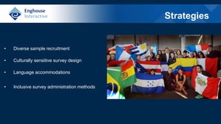 Strategies
• Diverse sample recruitment
• Culturally sensitive survey design
• Language accommodations
• Inclusive survey administration methods
 