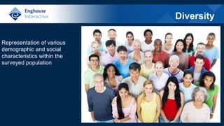 Diversity
Representation of various
demographic and social
characteristics within the
surveyed population
 