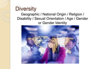 Diversity
Geographic / National Origin / Religion /
Disability / Sexual Orientation / Age / Gender
or Gender Identity
 