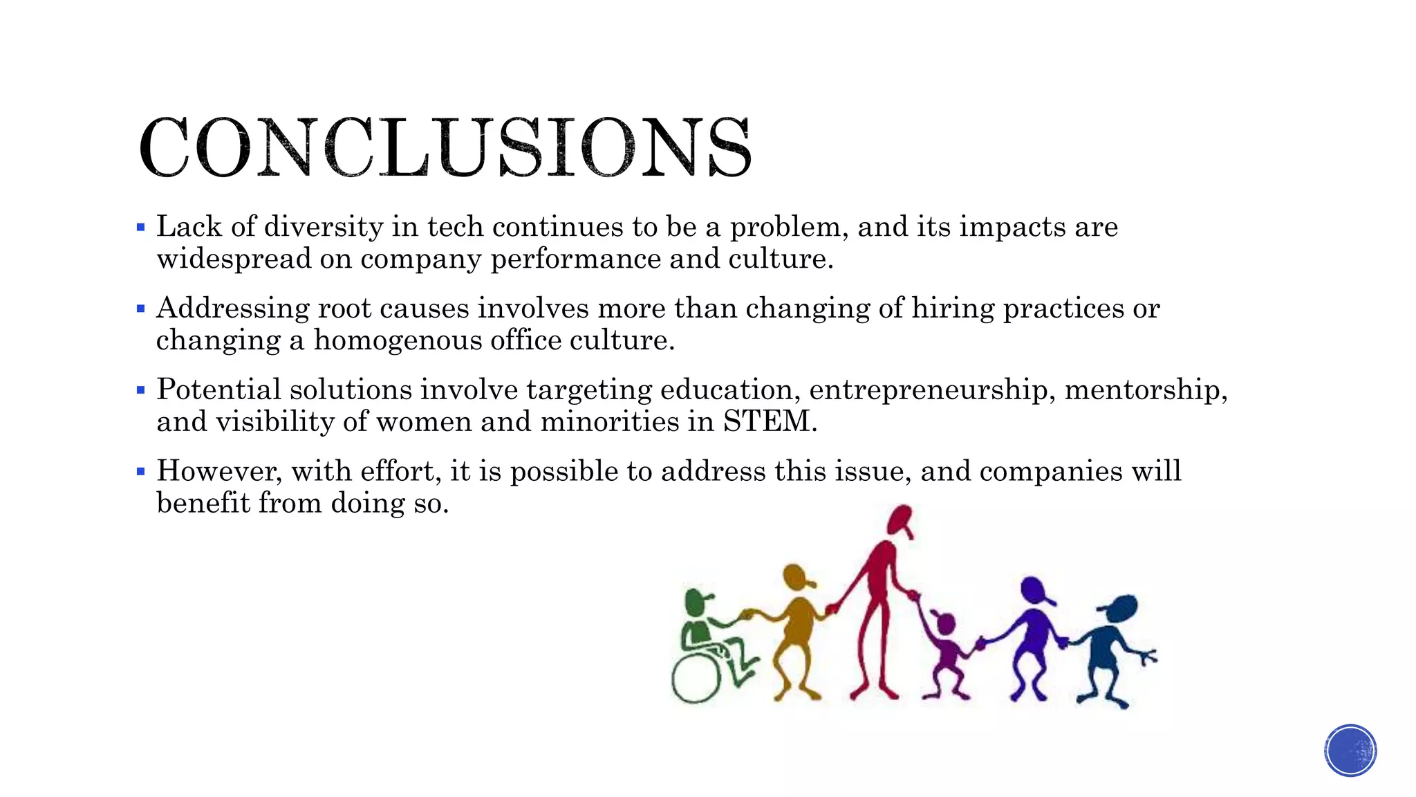  Lack of diversity in tech continues to be a problem, and its impacts are
widespread on company performance and culture.
 Addressing root causes involves more than changing of hiring practices or
changing a homogenous office culture.
 Potential solutions involve targeting education, entrepreneurship, mentorship,
and visibility of women and minorities in STEM.
 However, with effort, it is possible to address this issue, and companies will
benefit from doing so.
 
