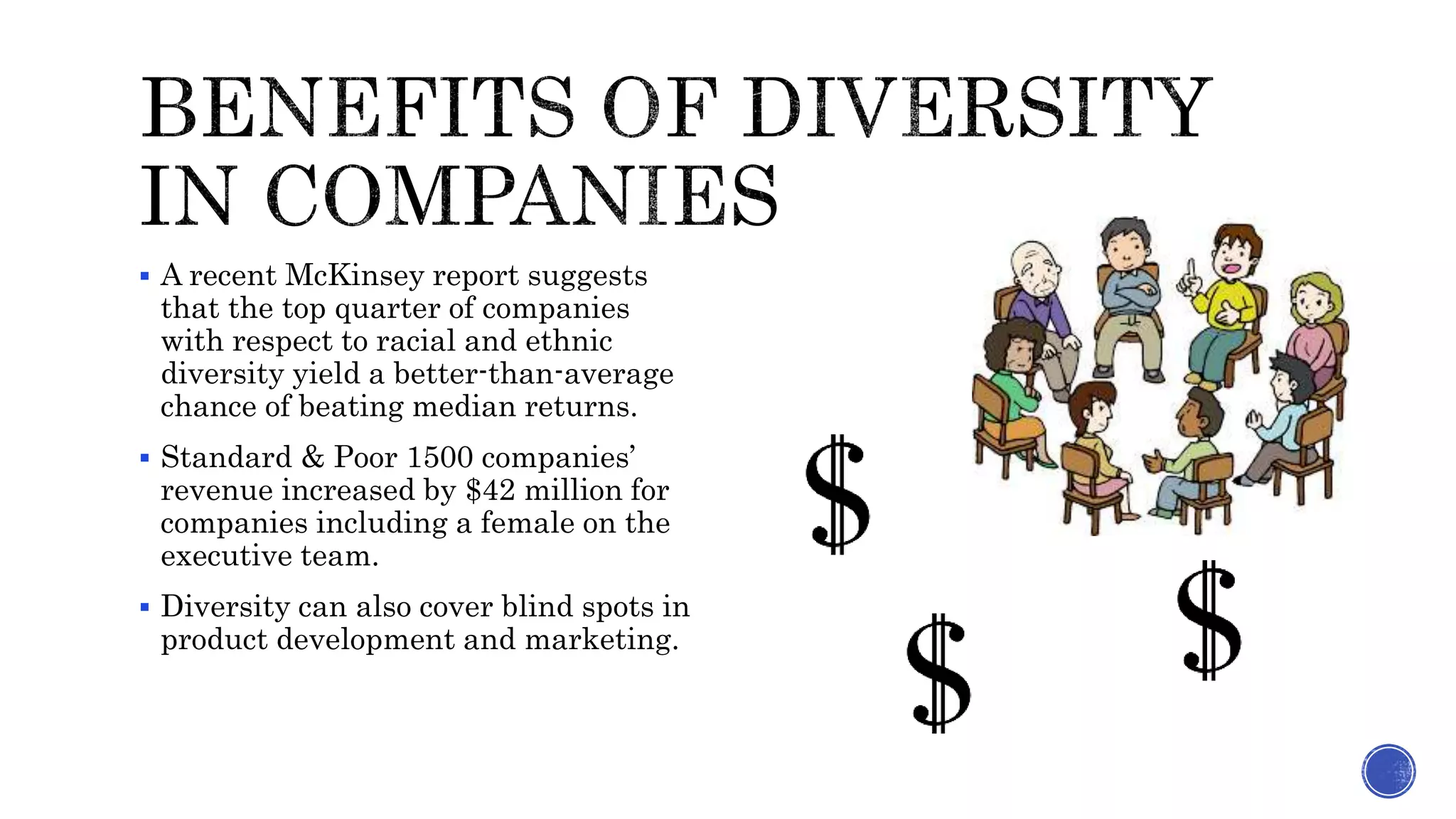  A recent McKinsey report suggests
that the top quarter of companies
with respect to racial and ethnic
diversity yield a better-than-average
chance of beating median returns.
 Standard & Poor 1500 companies’
revenue increased by $42 million for
companies including a female on the
executive team.
 Diversity can also cover blind spots in
product development and marketing.
 