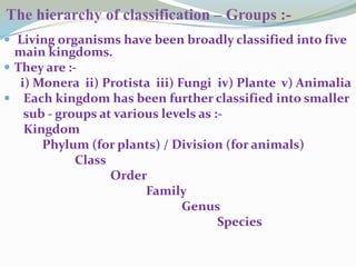 The hierarchy of classification – Groups : Living organisms have been broadly classified into five

main kingdoms.
 They are :i) Monera ii) Protista iii) Fungi iv) Plante v) Animalia
 Each kingdom has been further classified into smaller
sub - groups at various levels as :Kingdom
Phylum (for plants) / Division (for animals)
Class
Order
Family
Genus
Species

 
