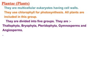 Plantae (Plants)
They are multicellular eukaryotes having cell walls.
They use chlorophyll for photosynthesis. All plants are
included in this group.
They are divided into five groups. They are :-
Thallophyta, Bryophyta, Pteridophyta, Gymnosperms and
Angiosperms.
.
 