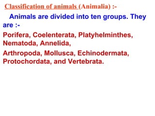 Classification of animals (Animalia) :-
Animals are divided into ten groups. They
are :-
Porifera, Coelenterata, Platyhelminthes,
Nematoda, Annelida,
Arthropoda, Mollusca, Echinodermata,
Protochordata, and Vertebrata.
 