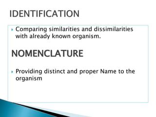  Comparing similarities and dissimilarities
with already known organism.
NOMENCLATURE
 Providing distinct and proper Name to the
organism
 
