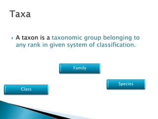  A taxon is a taxonomic group belonging to
any rank in given system of classification.
Class
Family
Species
 