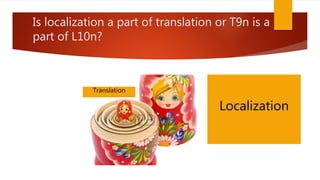 Is localization a part of translation or T9n is a
part of L10n?
Translation
Localization
 