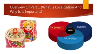 Overview Of Part 1 (What Is Localization And
Why Is It Important?)
Language Business
Technology
L10N
 
