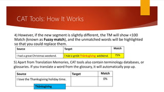 4) However, if the new segment is slightly different, the TM will show <100
Match (known as Fuzzy match), and the unmatched words will be highlighted
so that you could replace them.
5) Apart from Translation Memories, CAT tools also contain terminology databases, or
glossaries. If you translate a word from the glossary, it will automatically pop up.
Thãnksgîvïng
CAT Tools: How It Works
 