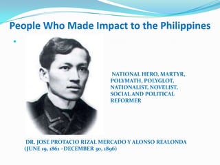 People Who Made Impact to the Philippines





                              NATIONAL HERO, MARTYR,
                              POLYMATH, POLYGLOT,
                              NATIONALIST, NOVELIST,
                              SOCIAL AND POLITICAL
                              REFORMER




     DR. JOSE PROTACIO RIZAL MERCADO Y ALONSO REALONDA
    (JUNE 19, 1861 –DECEMBER 30, 1896)
 