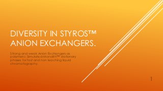 DIVERSITY IN STYROS™
ANION EXCHANGERS.
Strong and weak Anion Exchangers as
polymeric Simulated-Monolith™ stationary
phases for fast and non leaching liquid
chromatography.
1
 