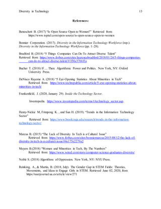 Diversity in Technology 13
References:
Beneschott B. (2017) “Is Open Source Open to Women?” Retrieved from:
https://www.toptal.com/open-source/is-open-source-open-to-women
Bonnier Corporation. (2017). Diversity in the Information Technology Workforce (rep.).
Diversity in the Information Technology Workforce (pp. 1–28).
Bradford B. (2018) “5 Things Companies Can Do To Attract Diverse Talent”
Retrieved from: https://www.forbes.com/sites/laurencebradford/2018/01/24/5-things-companies-
can-do-to-attract-diverse-talent/#1f36e3766f1a
Bucher T. (2018) If … Then: Algorithmic Power and Politics. New York, NY: Oxford
University Press.
DeNisco Rayome A. (2018) “5 Eye-Opening Statistics About Minorities in Tech”
Retrieved from: https://www.techrepublic.com/article/5-eye-opening-statistics-about-
minorities-in-tech/
Frankenfield, J. (2020, January 29). Inside the Technology Sector.
Investopedia. https://www.investopedia.com/terms/t/technology_sector.asp.
Henry-Nickie M, Frimpong K. , and Sun H. (2019). “Trends in the Information Technology
Sector”
Retrieved from: https://www.brookings.edu/research/trends-in-the-information-
technology-sector/
Marcus B. (2015) “The Lack of Diversity In Tech is a Cultural Issue”
Retrieved from: https://www.forbes.com/sites/bonniemarcus/2015/08/12/the-lack-of-
diversity-in-tech-is-a-cultural-issue/#4e175e2279a2
Meyers B.(2018) “Women and Minorities in Tech, By The Numbers”
Retrieved from: https://www.wired.com/story/computer-science-graduates-diversity/
Noble S. (2018) Algorithms of Oppression. New York, NY: NYU Press.
Reinking, A., & Martin, B. (2018, July). The Gender Gap in STEM Fields: Theories,
Movements, and Ideas to Engage Girls in STEM. Retrieved June 02, 2020, from
https://naerjournal.ua.es/article/view/271
 