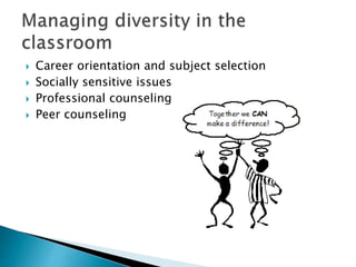  Career orientation and subject selection
 Socially sensitive issues
 Professional counseling
 Peer counseling
 
