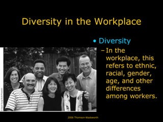 © 2006 Thomson-Wadsworth
Diversity in the Workplace
• Diversity
– In the
workplace, this
refers to ethnic,
racial, gender,
age, and other
differences
among workers.
 