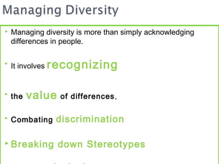    Managing diversity is more than simply acknowledging
    differences in people.


    It involves recognizing



    the   value   of differences,

   Combating   discrimination

 Breaking        down Stereotypes
 