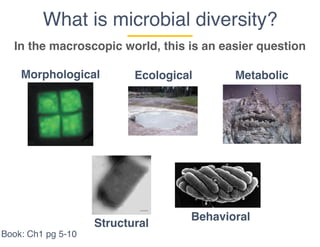 What is microbial diversity?
In the macroscopic world, this is an easier question
Ecological MetabolicMorphological
Structural
Behavioral
Book: Ch1 pg 5-10
 
