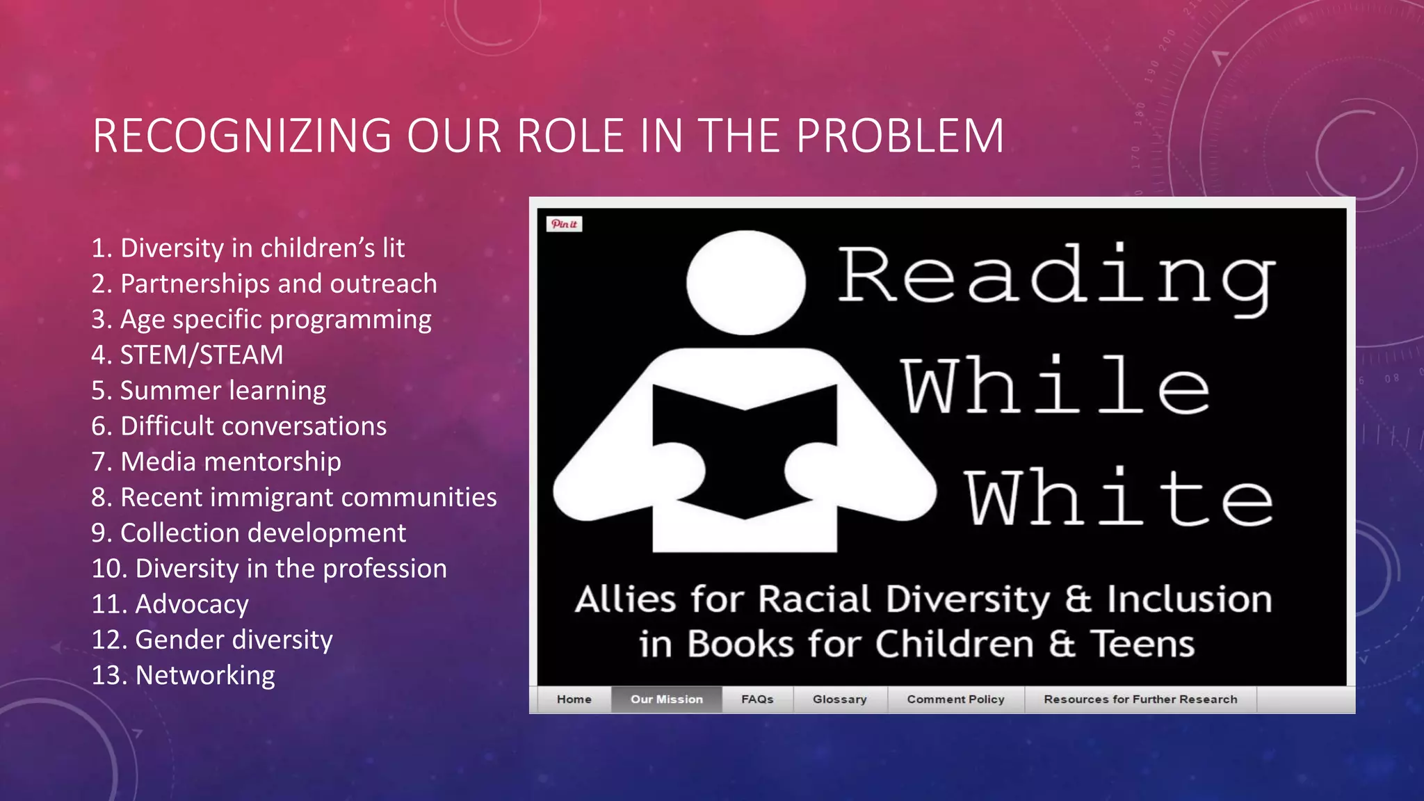 RECOGNIZING OUR ROLE IN THE PROBLEM
1. Diversity in children’s lit
2. Partnerships and outreach
3. Age specific programming
4. STEM/STEAM
5. Summer learning
6. Difficult conversations
7. Media mentorship
8. Recent immigrant communities
9. Collection development
10. Diversity in the profession
11. Advocacy
12. Gender diversity
13. Networking
 