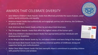 AWARDS THAT CELEBRATE DIVERSITY
• Jane Addams Children’s Book Awards: books that effectively promote the cause of peace, social
justice, world community, and equality
• Américas Award: books that authentically and engagingly portray Latin America, the Caribbean,
or Latinos in the U.S.
• Arab American Book Award: books written by and about Arab Americans
• The Christopher Awards: media that affirm the highest values of the human spirit
• Dolly Gray Children’s Literature Award: Books that appropriately portray individuals with
developmental disabilities
• In the Margins Book Award: books by, for, and about children and teens living in the margins
• Ezra Jack Keats Book Award: books that portray universal qualities of childhood, strong and
supportive family, and multiculturalism
• Walter Dean Myers Award: books that best exemplify Myers’s commitment to providing children
with powerful mirrors and windows
 